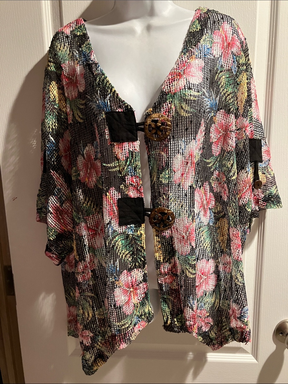 Coral Bay Floral Mesh Open Cardigan in Black, Pink & Green